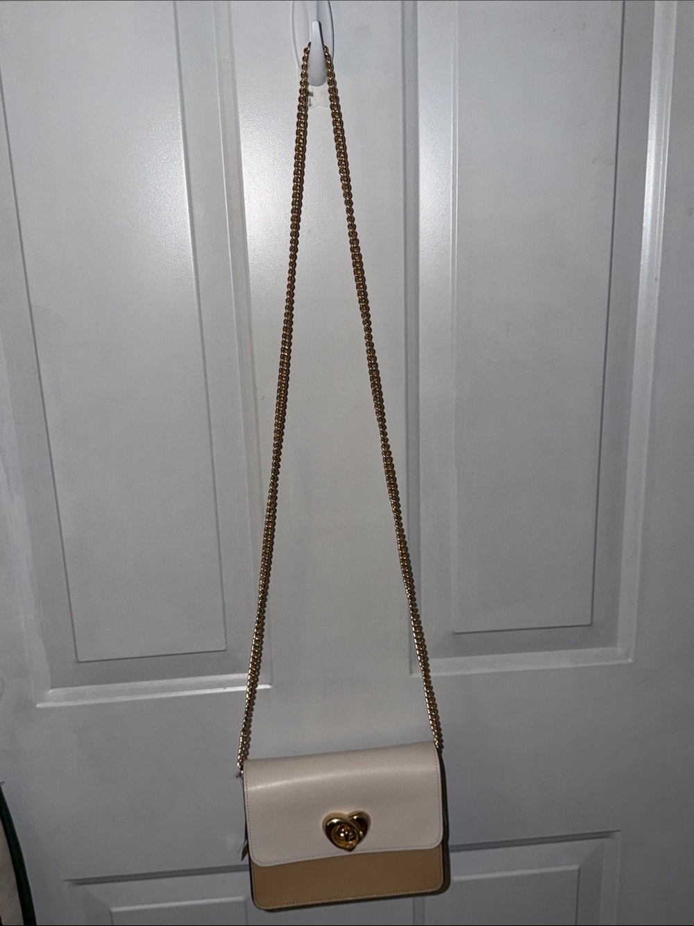 Coach Cream and Tan Crossbody with Gold Heart Turn-Lock